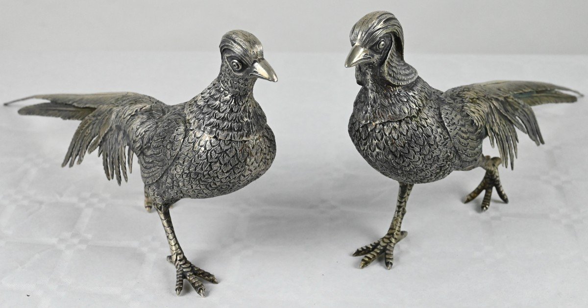 Paire De Faisans En Argent - Italie Années 1920